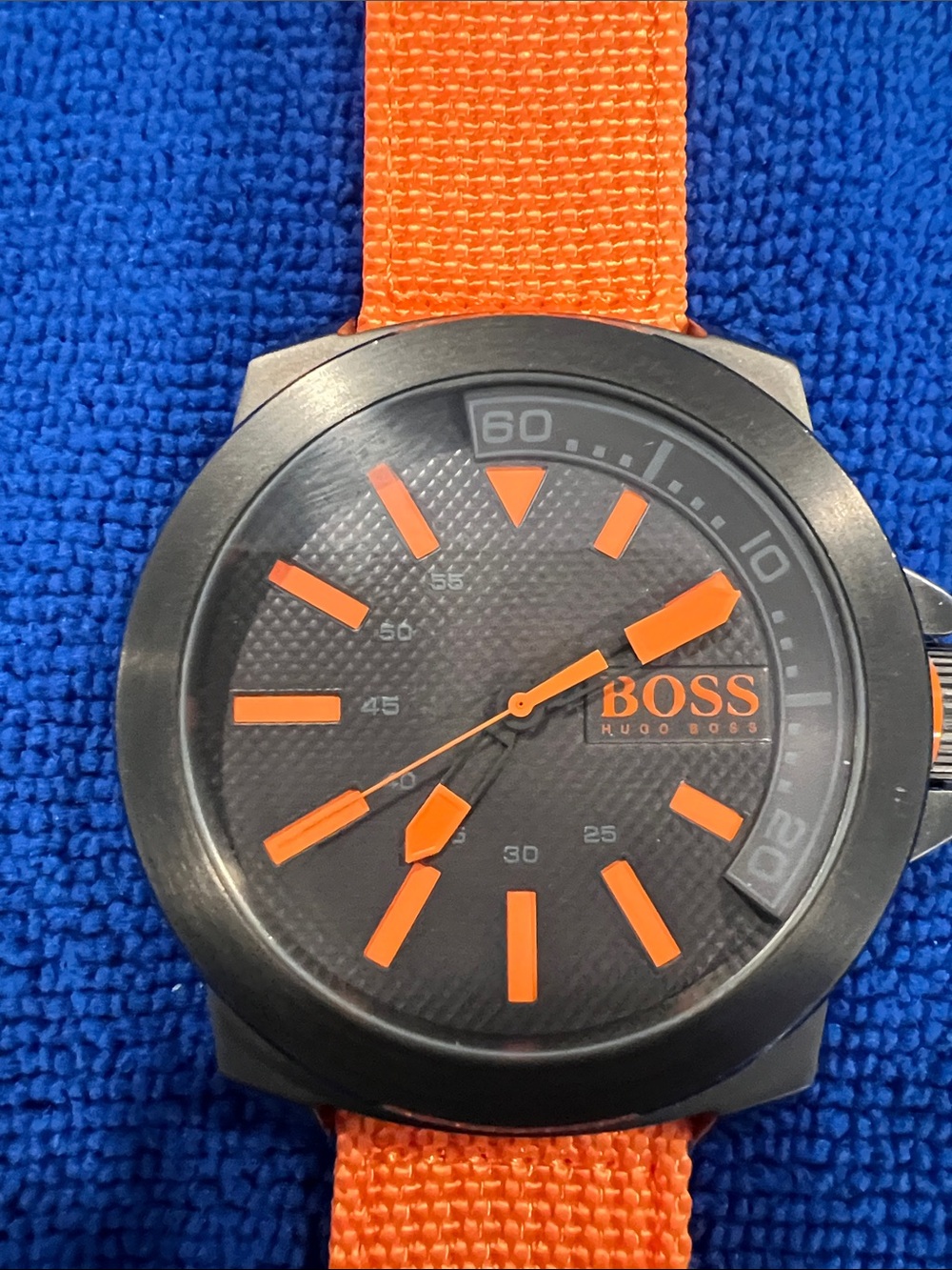 Hugo Boss Black Dial Watch with Bright Orange Accents